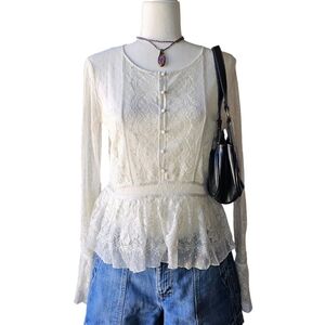 White Free People Penelope Lace Swiss Dot Peplum Top | Medium